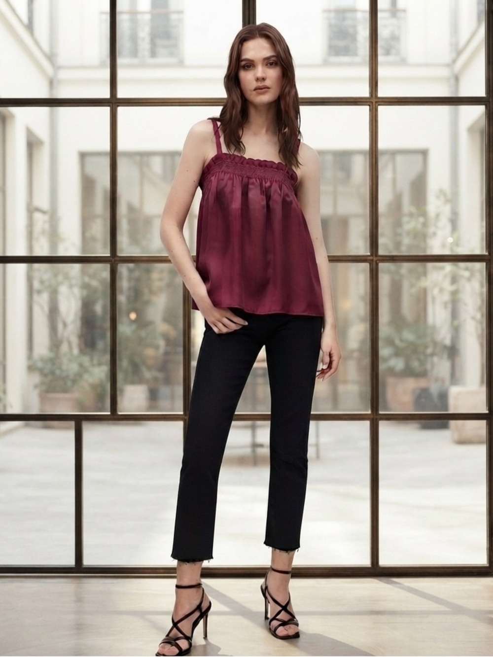 Mango Maroon Solid Smocked A Line Top